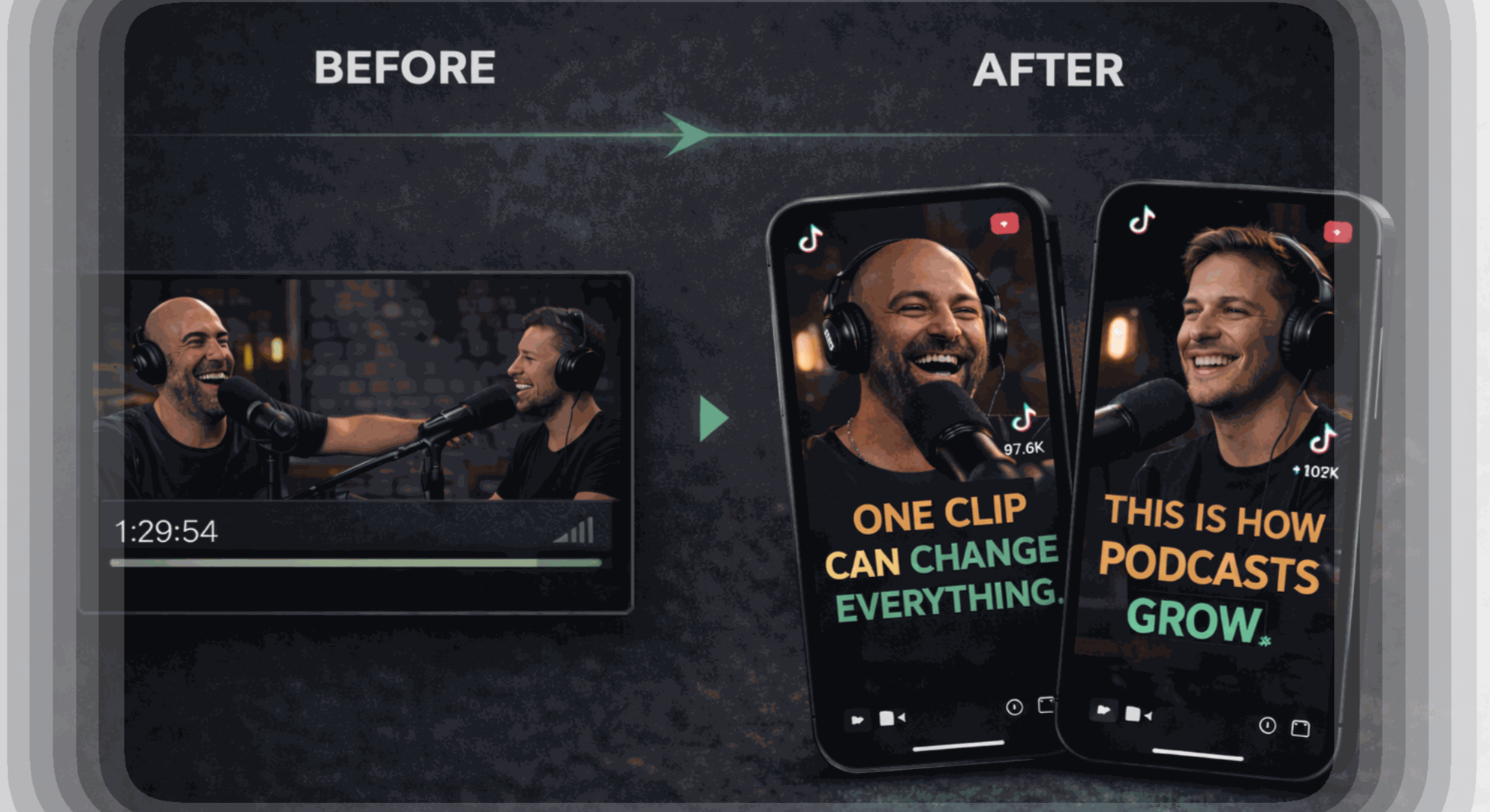 Podcast clips optimized for social platforms podcast editing example before after, podcast shorts for TikTok Reels